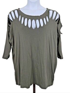 Torrid Women's 2 2X 18/20 Olive Vintage Cotton Jersey Cutout Neck 3/4 Sleeve Tee